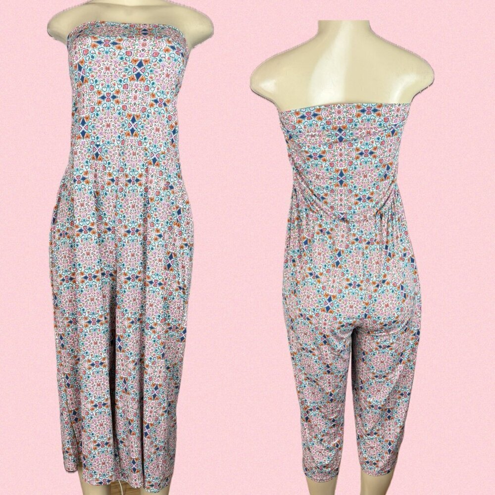 Curations +1X Pink Geometric Print Bandeau Top Wide Leg Capri Strapless Jumpsuit